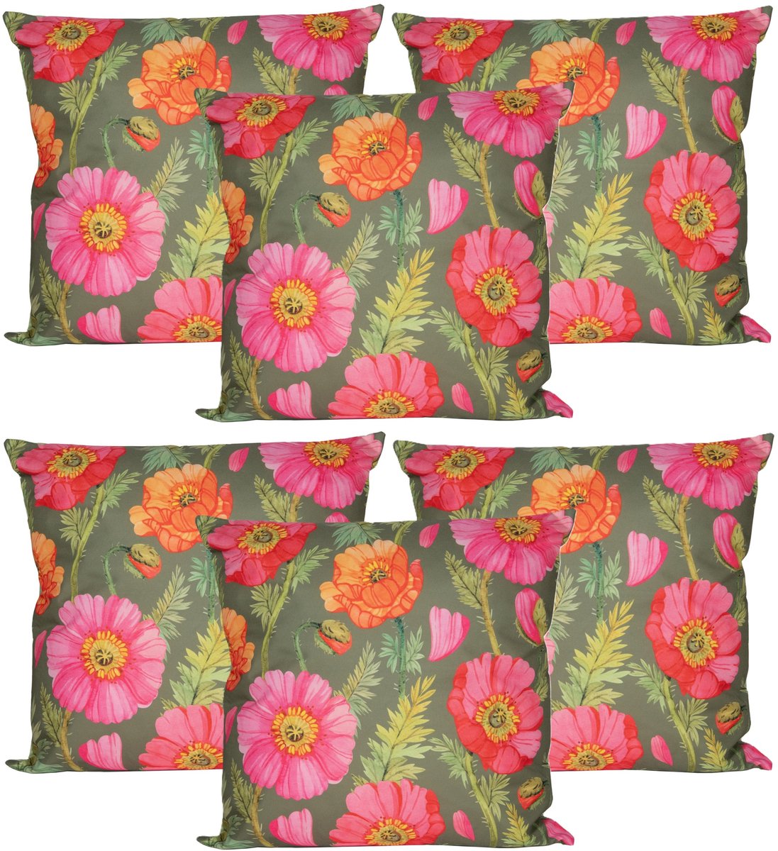 Sierkussen voor binnen en buiten - 6x - klaprozen bloemen - groen/roze - 60 x 60 cm - tuinkussen -