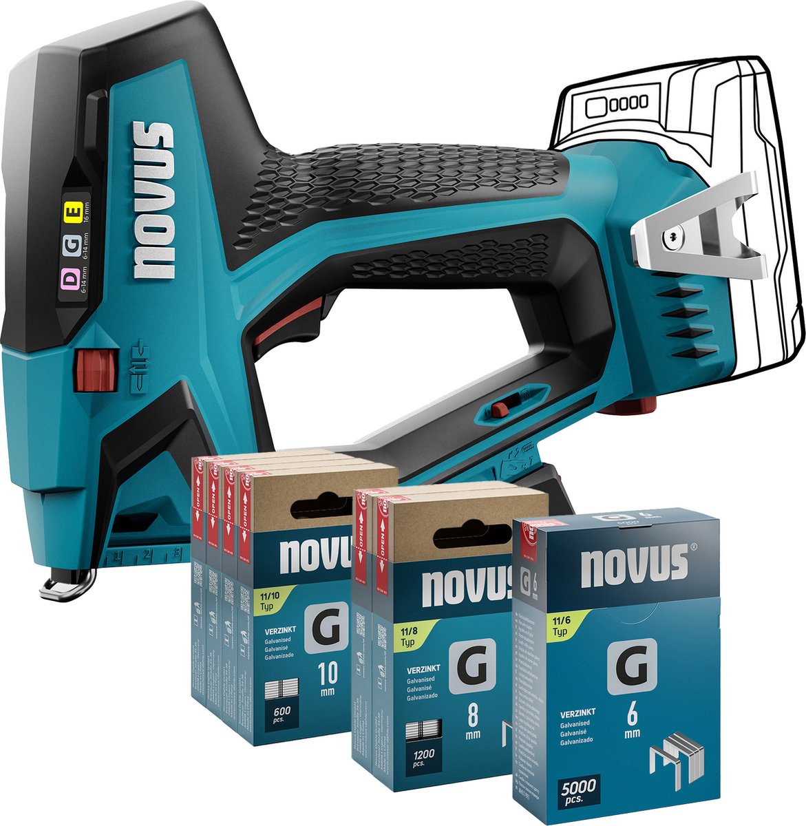 Novus Tools J-551 031-0374 Accunietpistool Type niet Type 11, Type 53F Lengte nieten 6 - 14 mm Zonder accu, Zonder lader