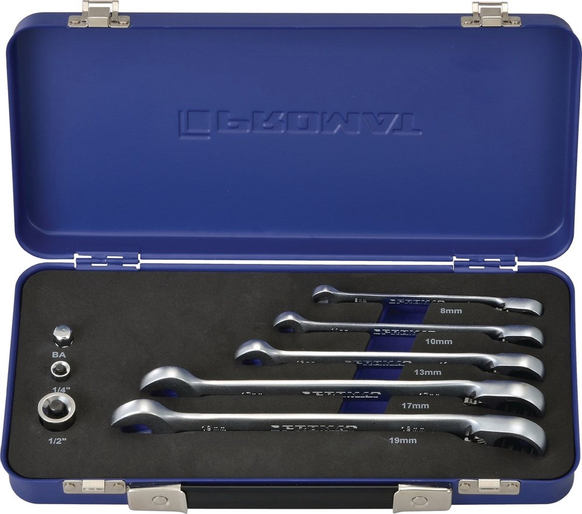 Promat Steekringratelsleutelset | 8-delig sleutelwijdtes 8-19 mm | omschakelbaar - 4000821446 - 4000821446