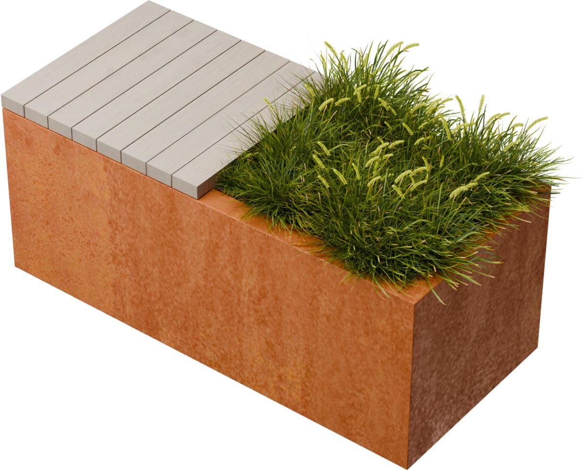 Florisa Rechthoekige cortenstaal plantenbak met hardhout zitbank L100 x B40 x H42 cm - Geroba
