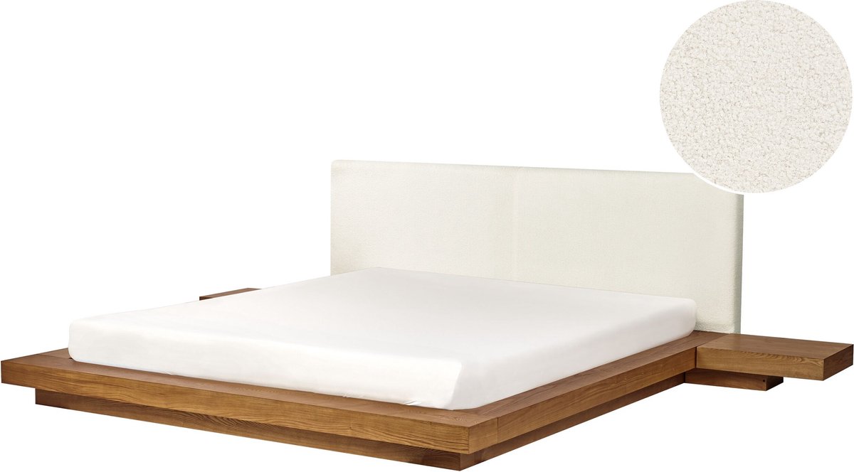 Beliani - ZEN - Tweepersoonsbed - Lichthout - 180 x 200 cm - Bouclé