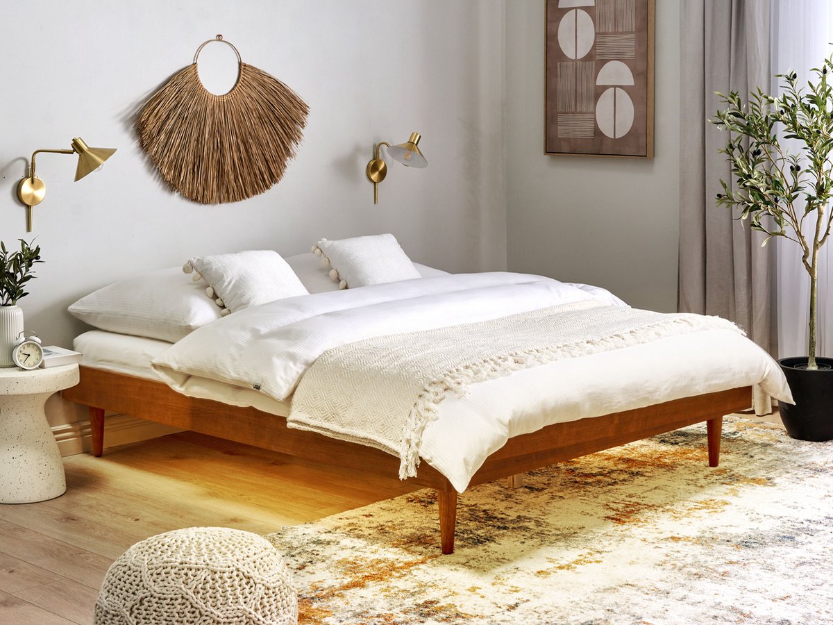 Beliani - TOUCY - Bed met LED - Lichtbruin - 160 x 200 cm - Rubberhout