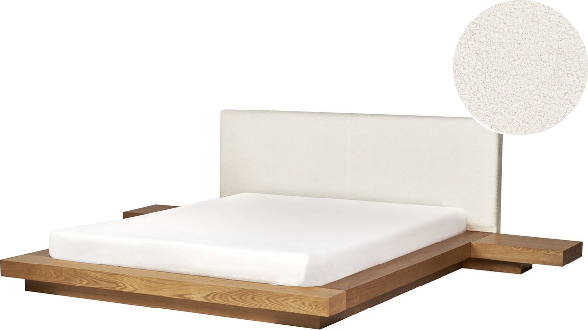 Beliani - ZEN - Tweepersoonsbed - Lichthout - 160 x 200 cm - Bouclé
