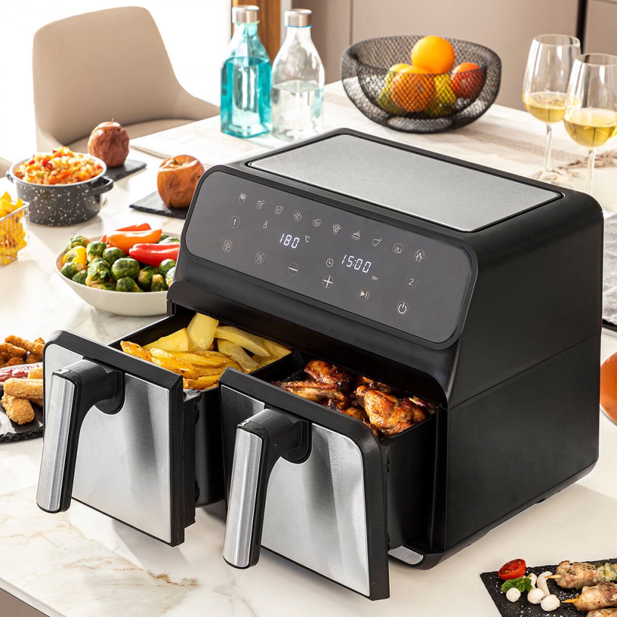 Tristar FR-9040 Dubbele friteuse 8 l 2700 W Heteluchtfunctie, Timerfunctie, Anti-aanbaklaag, Instelbare temperatuur Zwart