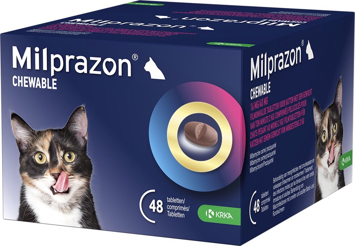 Milprazon Chewable 16 mg / 40 mg grote kat 48 tabletten