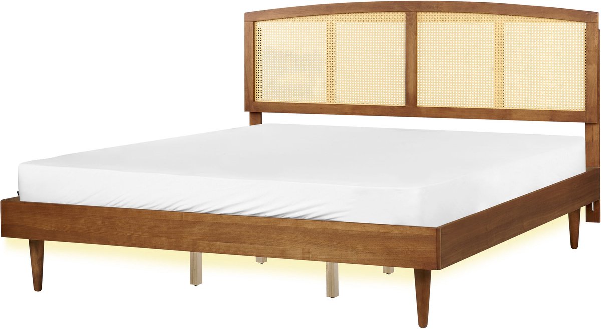 Beliani-VARZY -Bed met LED-Lichtbruin-180 x 200 cm-Rubberhout
