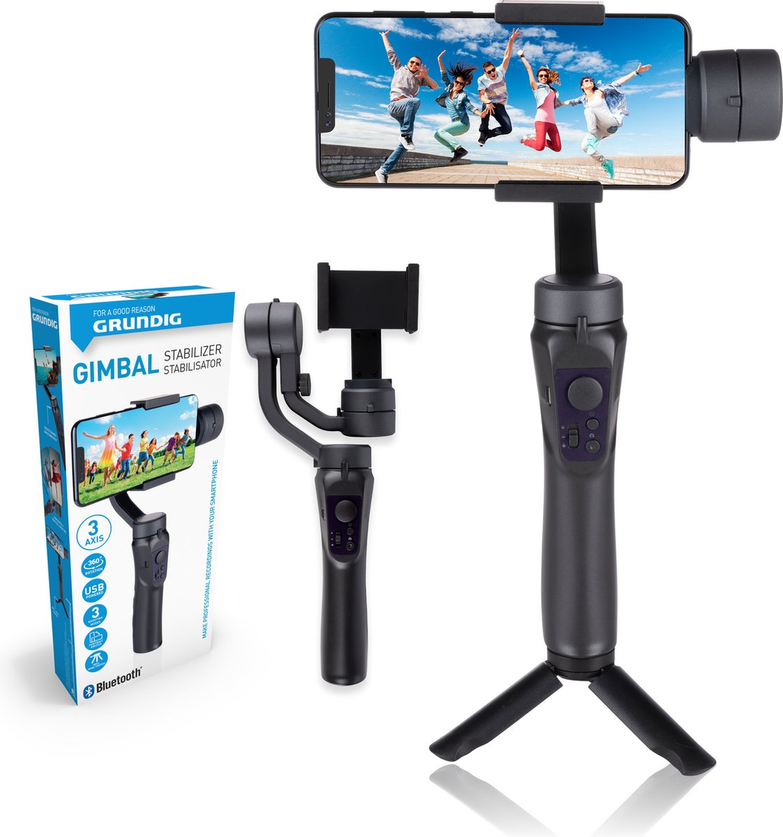 Grundig Gimbal Stabilisator - voor Smartphone - 3-Assig - 360° draaiend - Batterijduur 4 uur - Bluetooth