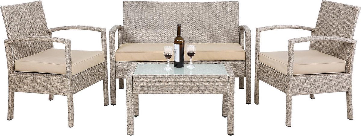 Casaria Polyrattan Loungeset - Bank 2 Stoelen Tafel - Grijs Beige