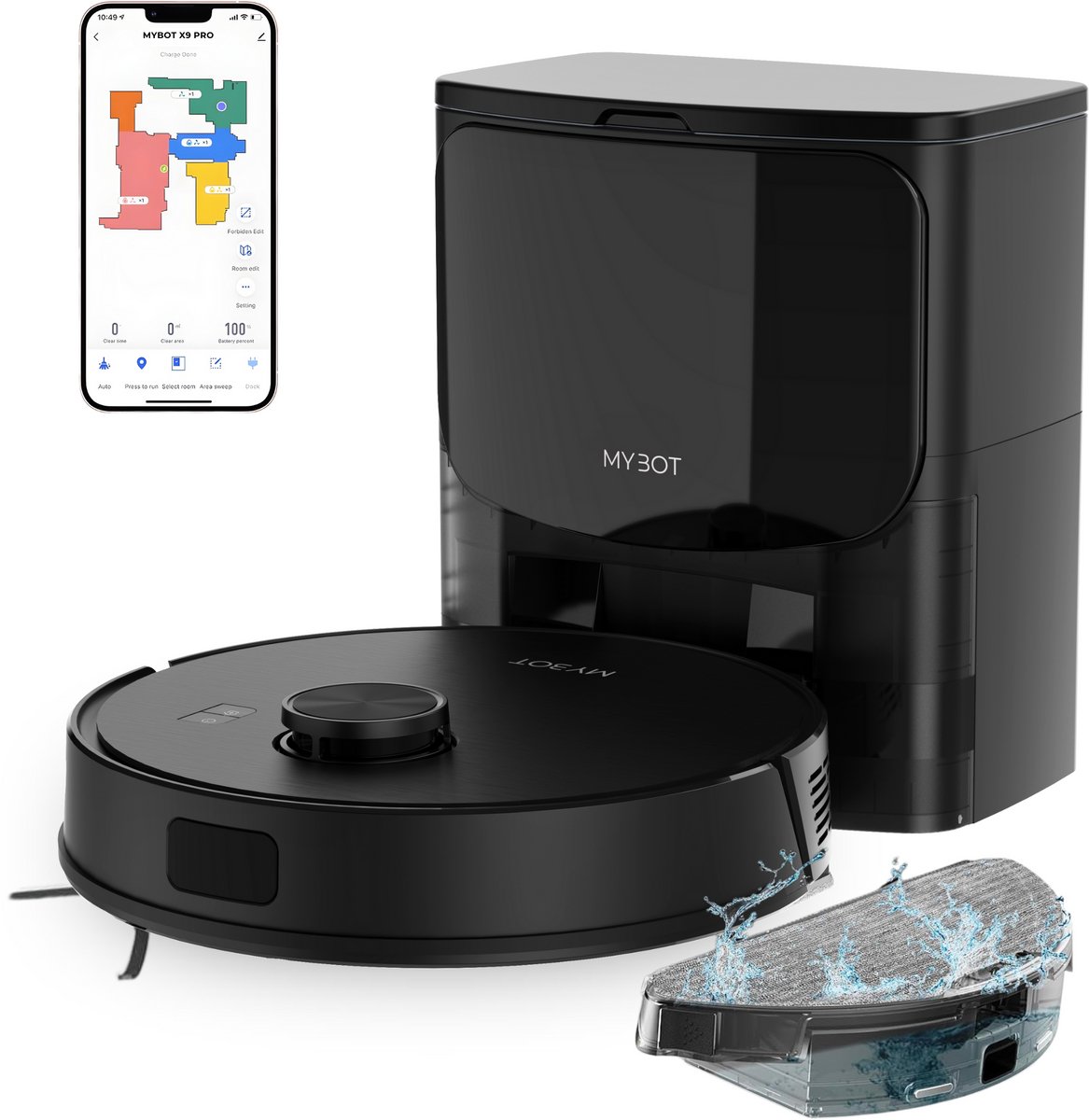 MYBOT X9 PRO - Robotstofzuiger Met Dweilfunctie - 6500PA Zuigkracht - Leegt Automatisch - Ideaal voor Huisdieren - Zelflerende Robotstofzuiger - Met Laadstation - Uitgebreide Mapping - LDS Laser Navigatie - Met leegstation