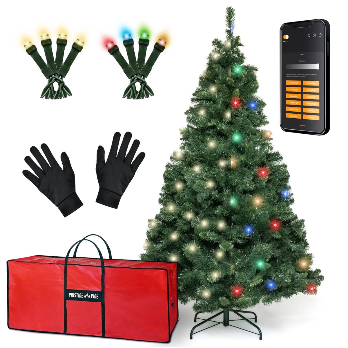 PristinePine Nordic Forest Fir - Volle Kerstboom met LED-verlichting (1339 takken) - Kunstkerstboom inclusief opbergtas en handschoenen - 380 Gekleurde en Warm witte lampjes - Bediening via app - 210 cm