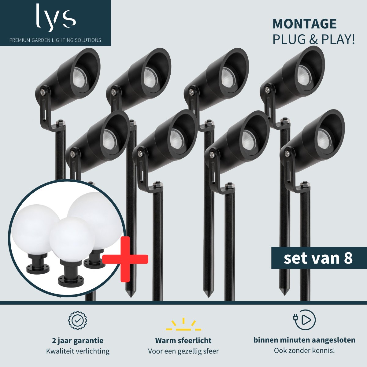 Lyslight Ilva Prikspot Set van 8 - Zwarte Tuinverlichting - Binnen minuten aangesloten - Aluminium buitenverlichting - Milieuvriendelijk Alternatief voor Zonne-energie Tuinverlichting