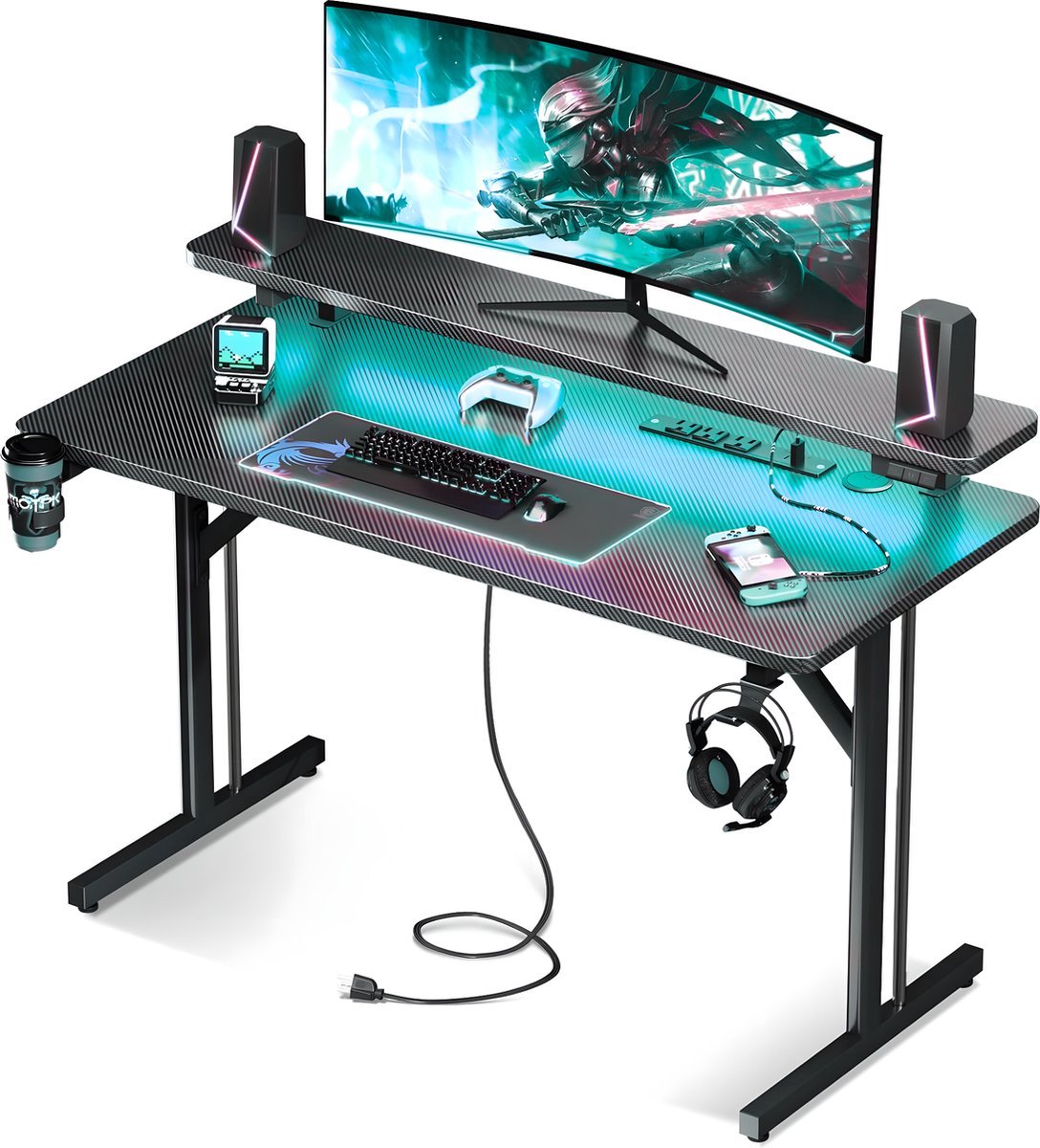 Five Stars® Game Bureau - 100x50x75 cm - Game Bureau met LED verlichting - Zwart Carbon - Gaming Desk - Computertafel - RGB LED Verlichting