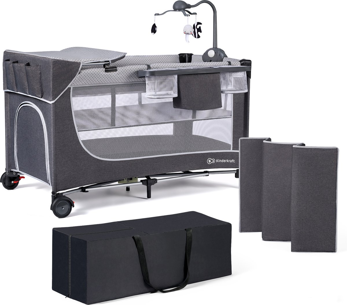 Kinderkraft LEODY ACC - Reisbedje Baby - Muziekmobiel met hanger - Grijs