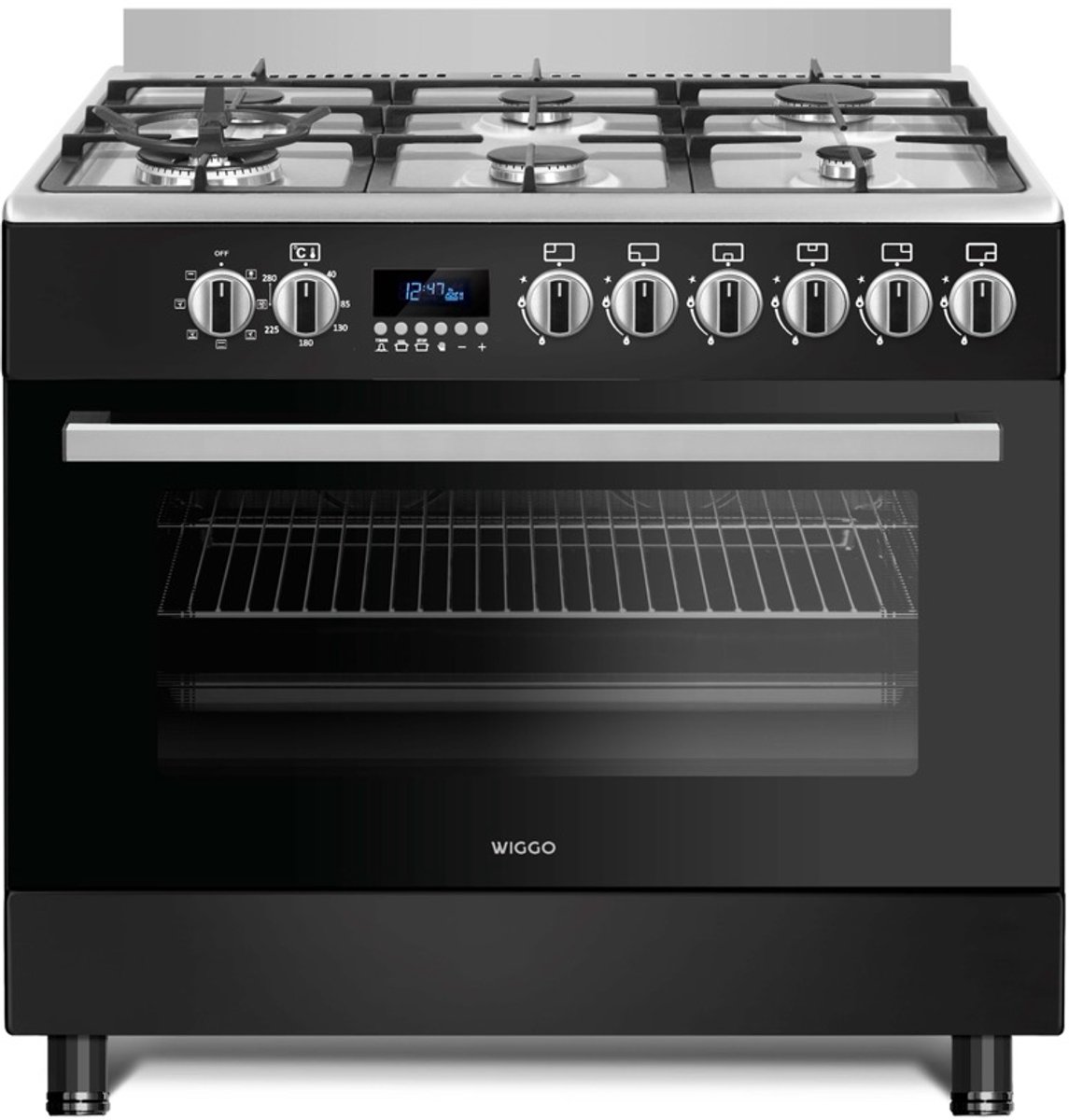 Wiggo WO-E969R(BX) - Serie 9 - 90 cm - Gasfornuis - 6 kookzones - Zwart Rvs