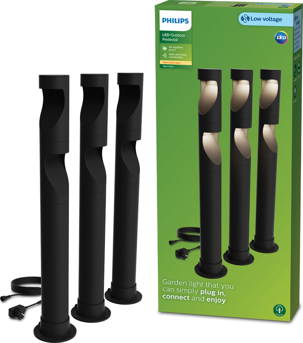 Philips Desi GardenLink - 3-pack - Sokkellamp - 24V - Warm wit licht; 2700K - Zwart - Tuinpadverlichting