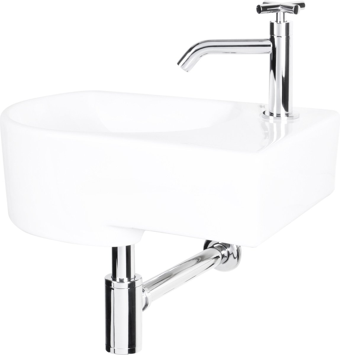 Differnz Apollo Fonteinset - Wasbak Keramiek - Wit - Gebogen Kraan - Chroom - Kruisgreep - 41 x 27 x 14 cm