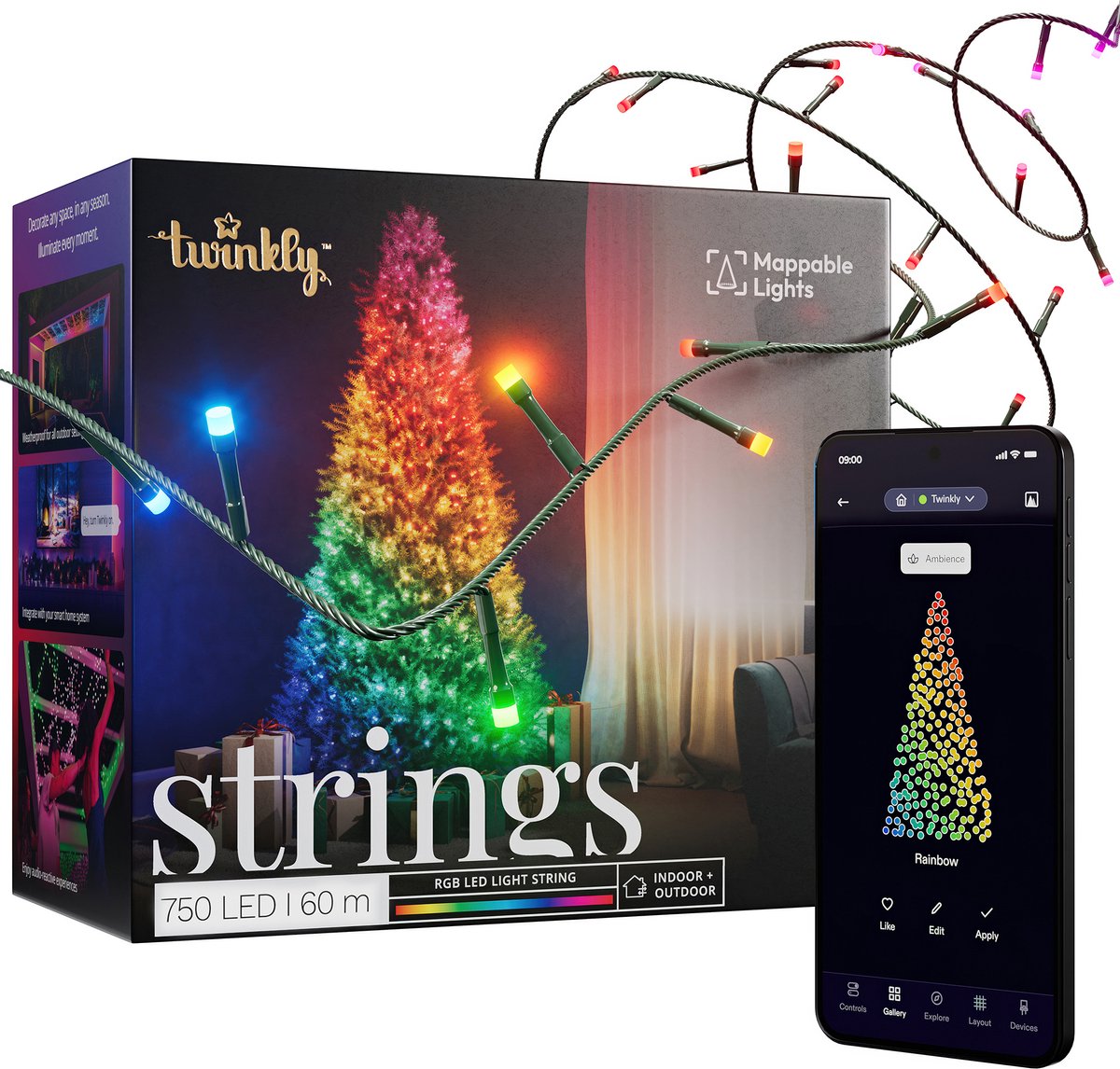 Twinkly Strings Lichtsnoer - 60M - LED - 750LED RGB - Dimbaar - Binnen&Buiten - Bluetooth of Wifi - Werkt met Homekit, Homey, Google Home en Razer Chroma - Zwart