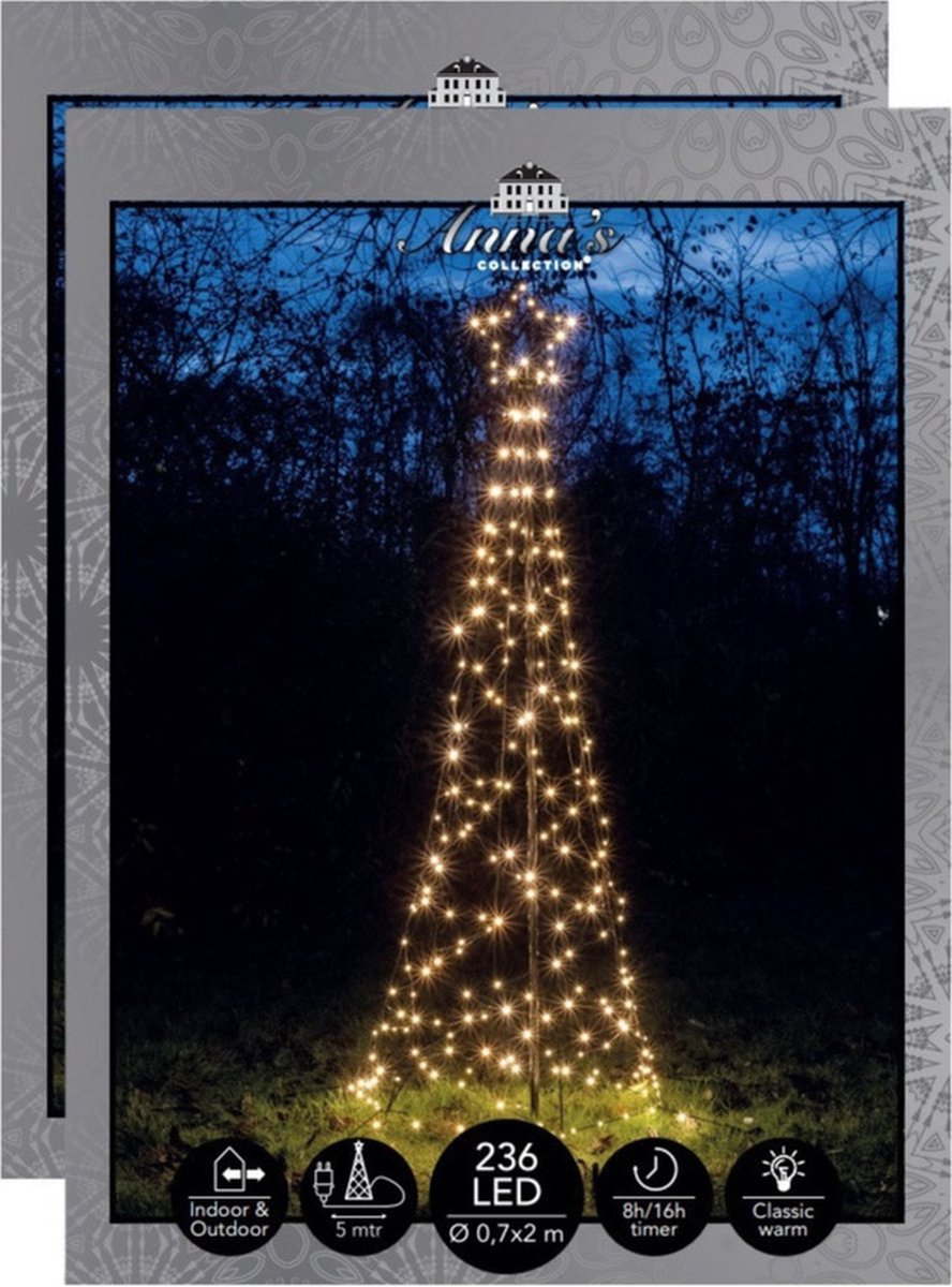 Vlaggenmast kerstboom met ster - 2x - kerstverlichting - 236 leds - 200 cm - warm wit -