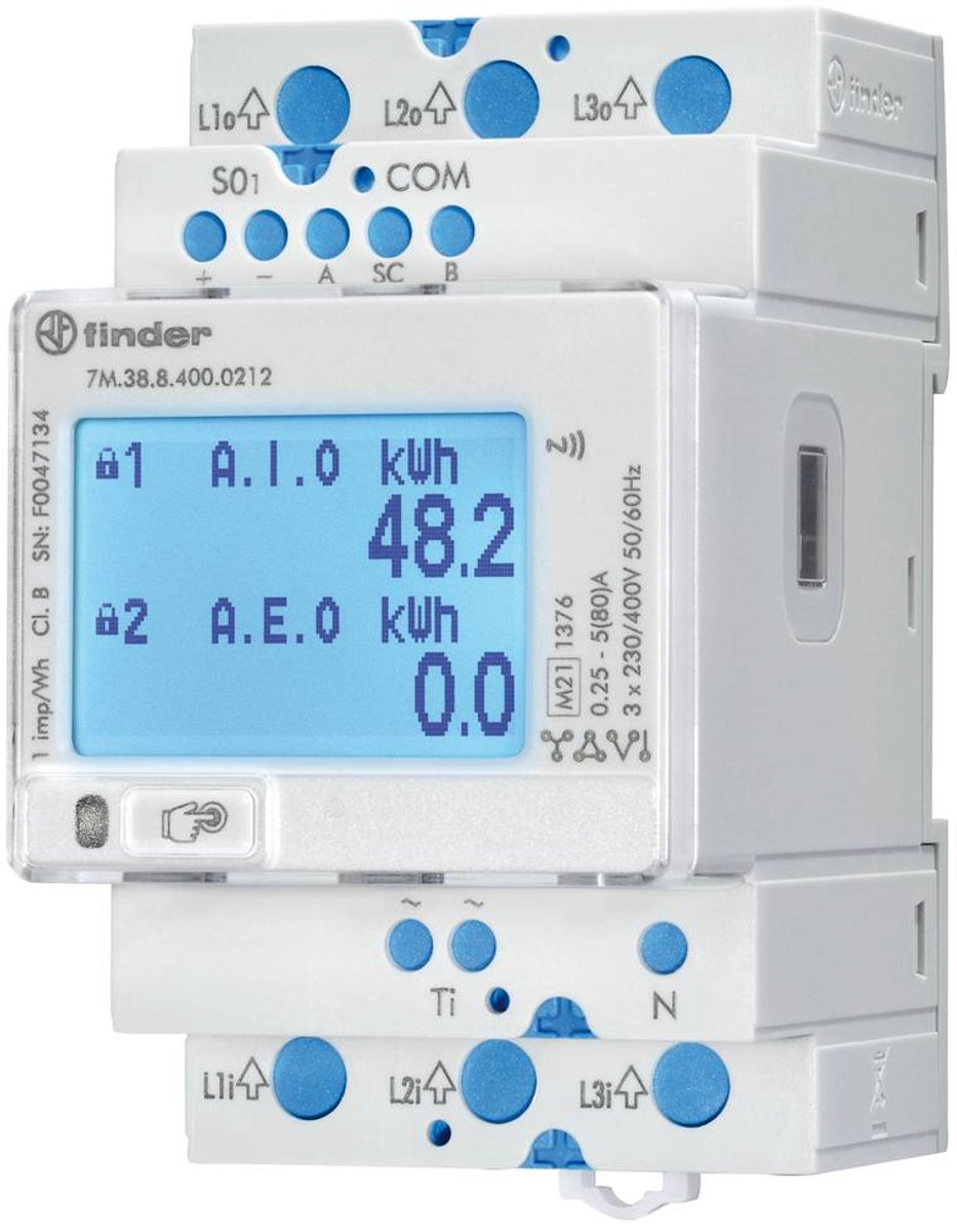Finder 7M.38.8.400.0212 Bidirectionele kWH-meter (DIN-rail) Digitaal 80 A 1 stuk(s)