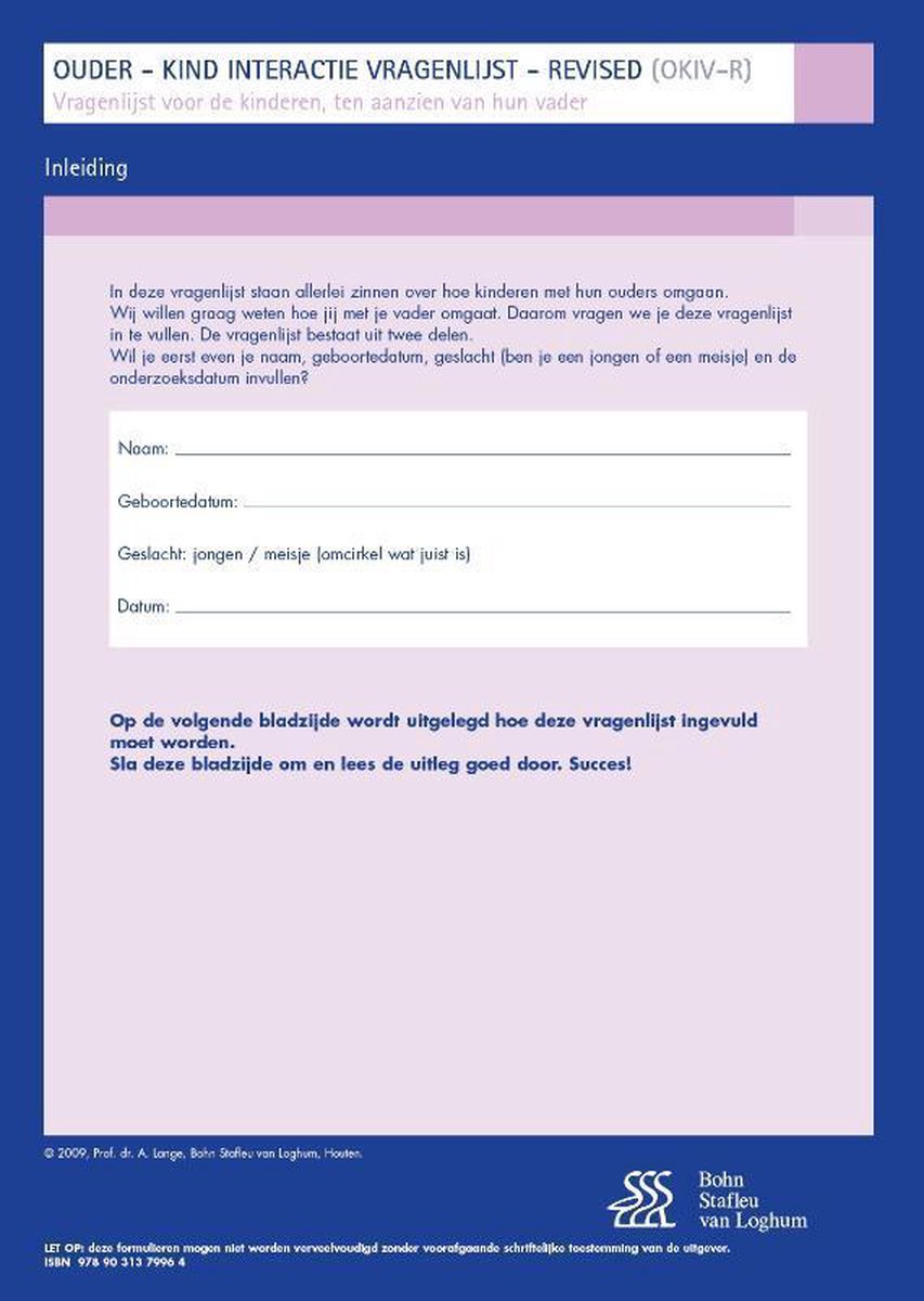 OKIV-R vragenlijst voor kinderen ten aanzien van hun vader (Paperback)