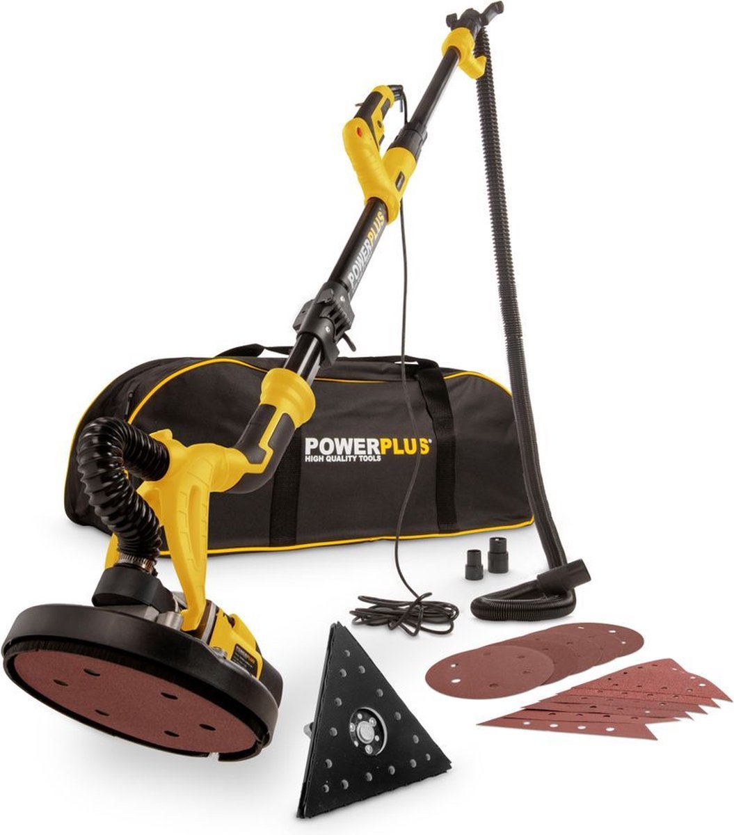 Powerplus POWX0477 Telescopische wandschuurmachine - 710W -Ø225mm - Incl. 2 schuurkoppen (rond en driehoek), 6x schuurpapier en stofzak - Voor plafond en muur