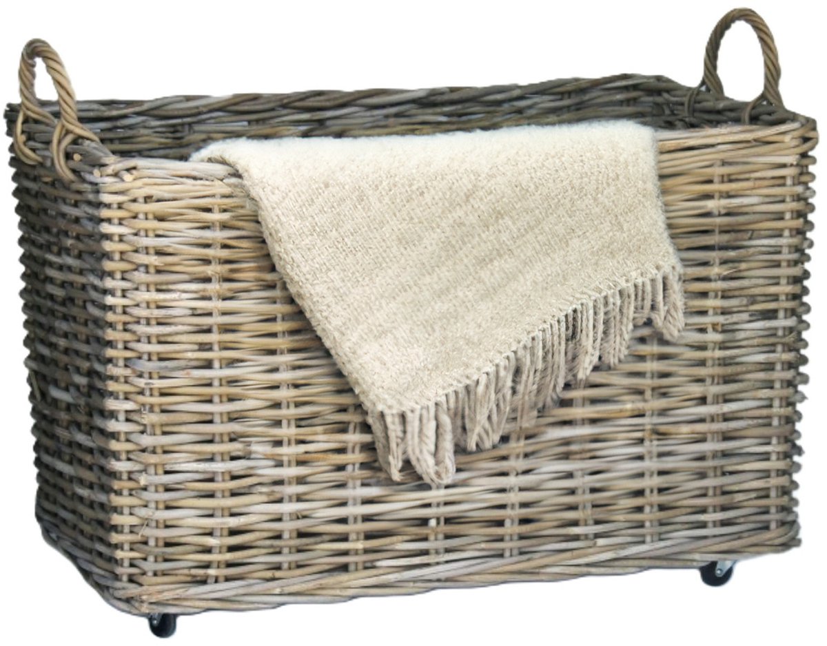Opbergmand - op wieltjes - bruin - 90 x 55 x 53 cm - rotan - gevlochten riet - mand -