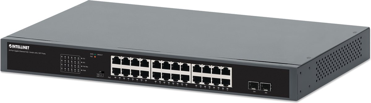 Intellinet 24-Port Gigabit PoE+ Switch mit 2 SFP Ports 370 W Powered Device Monitor 19 19 netwerk switch 10 / 100 / 1000 MBit/s IEEE 802.3af (15.4 W), IEEE