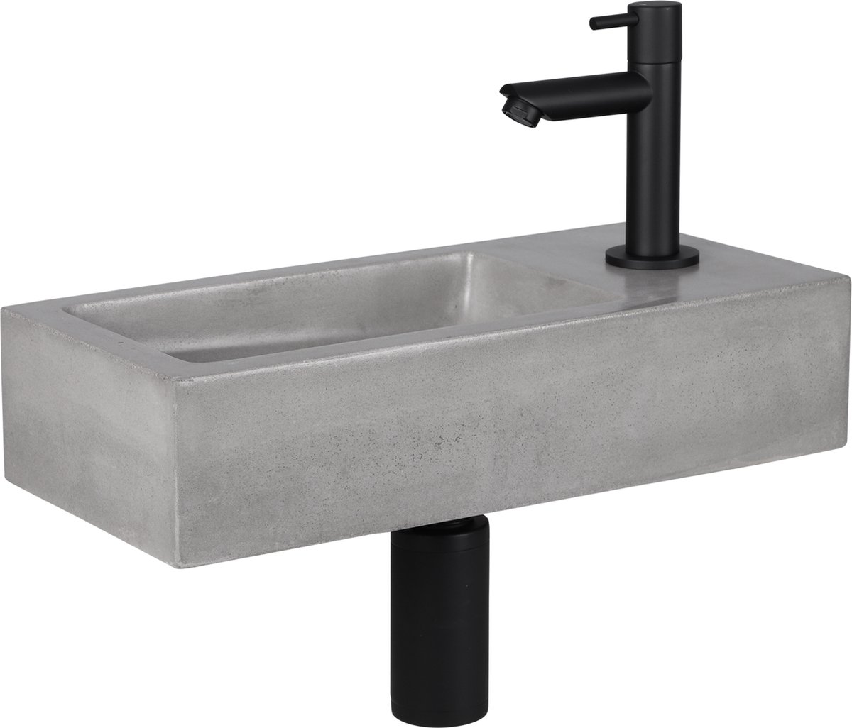 Fonteinset Differnz Jukon Rechthoek Rechts 38.5x18.5x9cm Beton Toiletkraan Zwart Sifon Plug