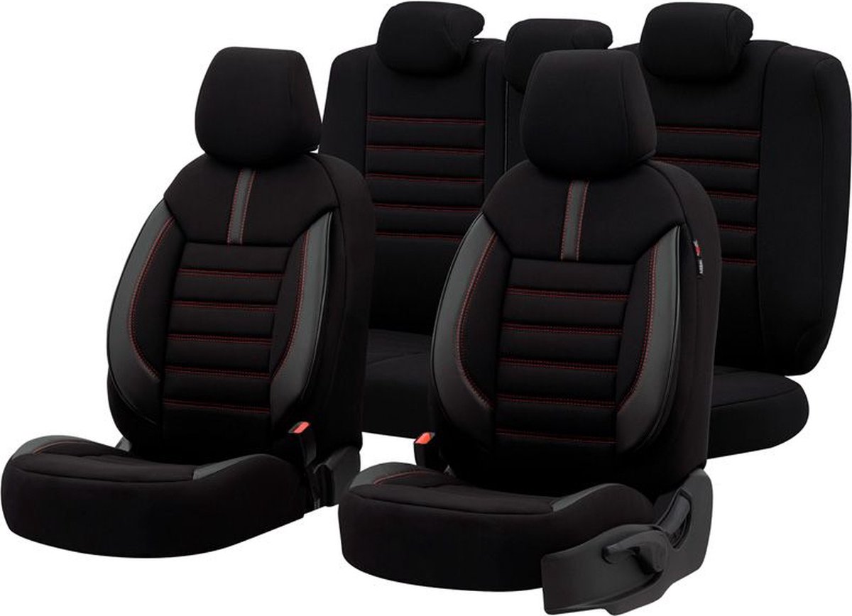 Universele Stoffen/Leder Stoelhoezenset'Limited'Zwart + Rode stiksels - 11-delig - geschikt voor Side-Airbags