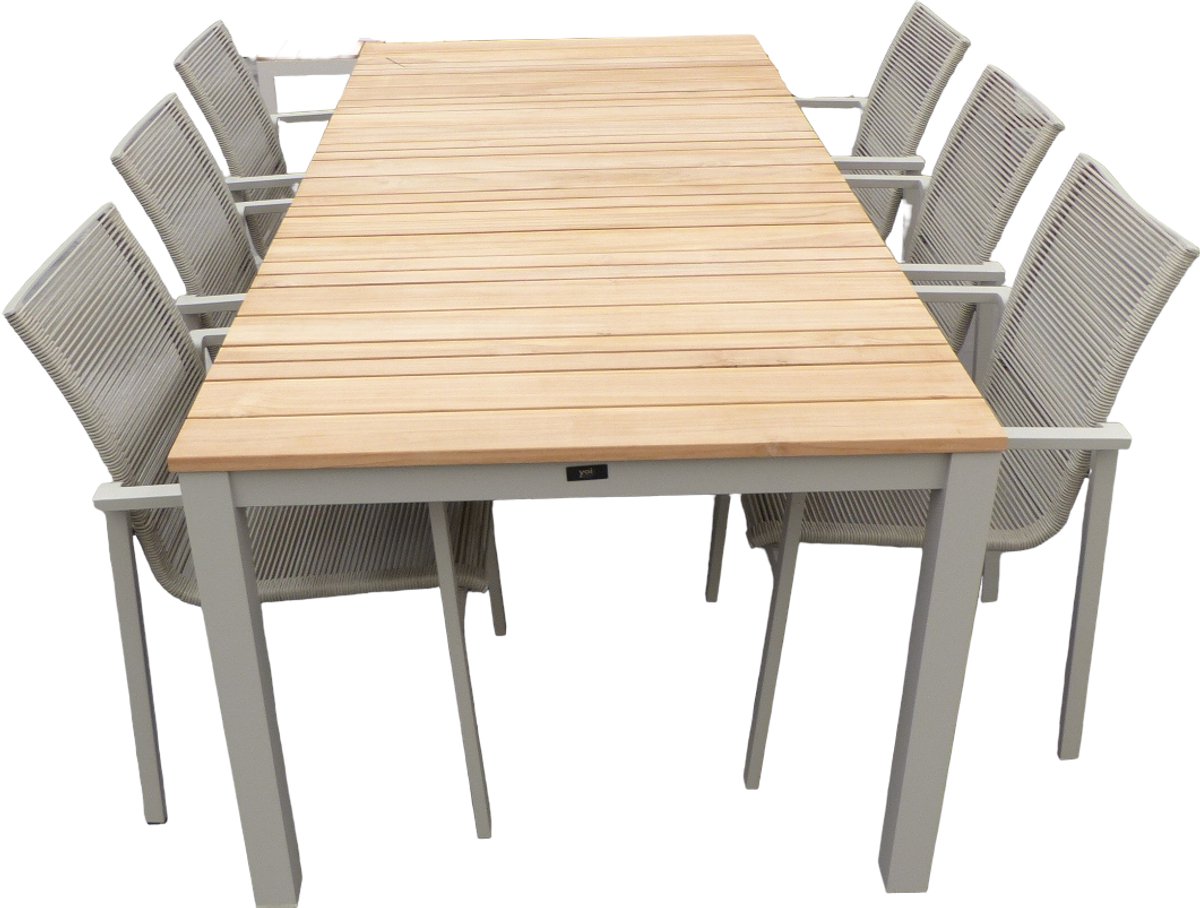 Set van Arashi tafel 220x90x76 cm salix/teak en 6 Ishi stoelen salix - Yoi