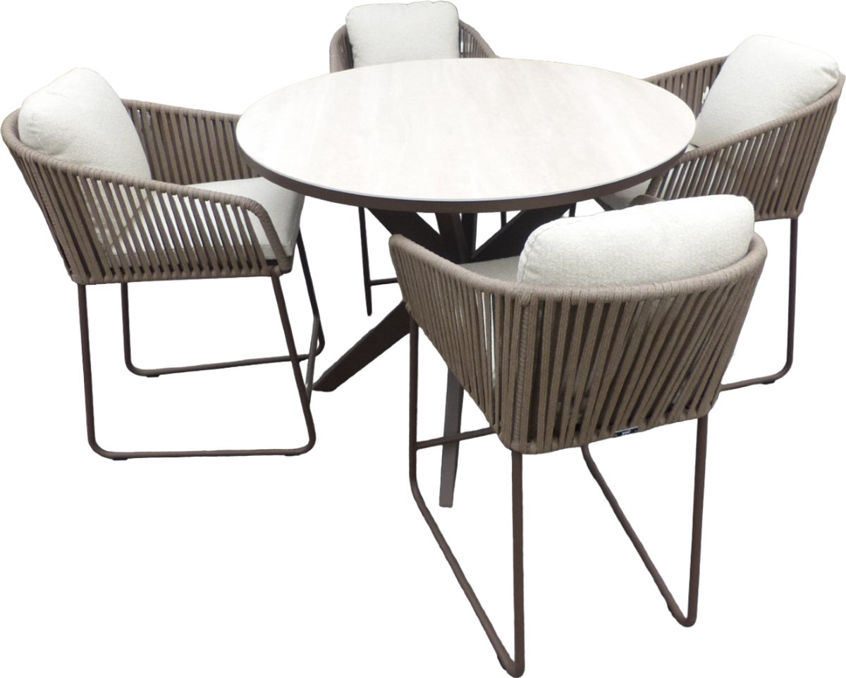 Set van Calma high dining tafel dia. 120 cm alu bronze/travertin en 4 Calera high dining chairs alu bronze/white - Yoi