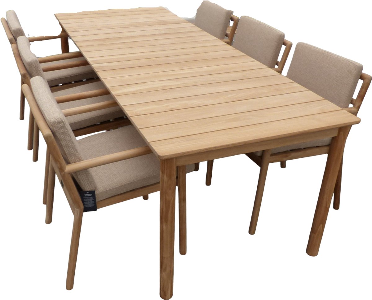 Set van Mare dining table 236x90x76 cm teak en 6 Mare dining chairs teak/multi natural AW incl. zit- en rugkussens - Yoi