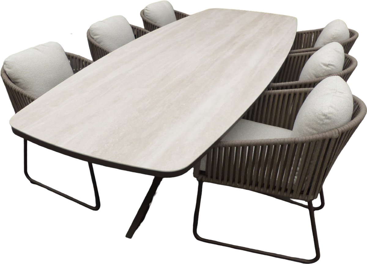 Set van Calma dining table 270x110x75 cm oval alu bronze/travertin en 6 Calera dining chairs alu bronze/belt toffee/wool white AW - Yoi