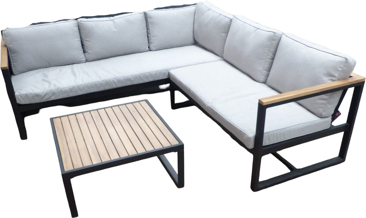 Auckland cornerset zwart/acacia light teak look incl. royal stone grey kussens - Eurofleur aanbieding
