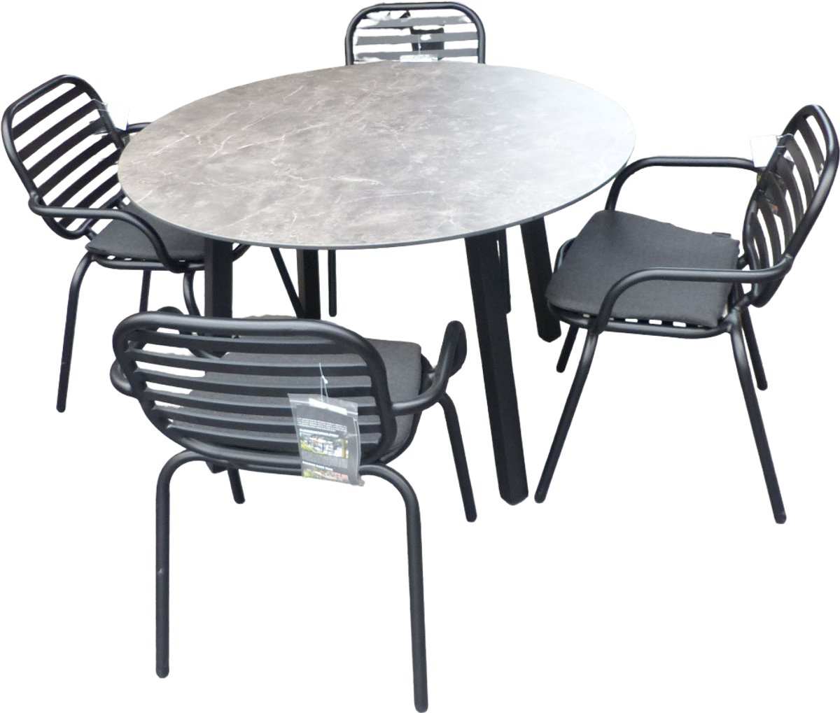 Set van Teeburu tafel 120 cm concrete en 4 Tomo stoelen zwart aluminium - Yoi