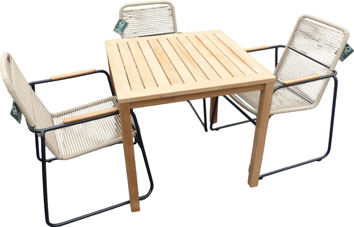 Set van Trento tafel 80x80x75 teak en 4 Wasabi stoelen naturel incl. kussen - Yoi