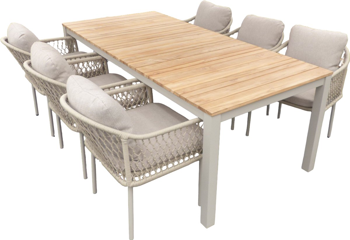 Set van Arashi tafel 220x100x76 cm salix/teak en 6 Rocha stoelen salix/flax beige - Yoi