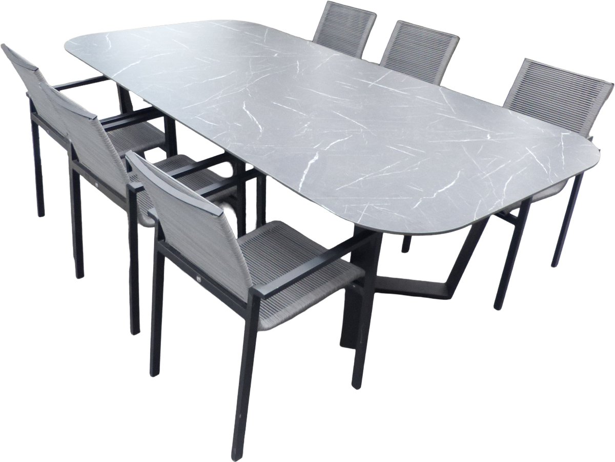 Set van Teeburu tafel 240x120x76 cm oval slate en 6 Ishi stoelen zwart/grijs - Yoi