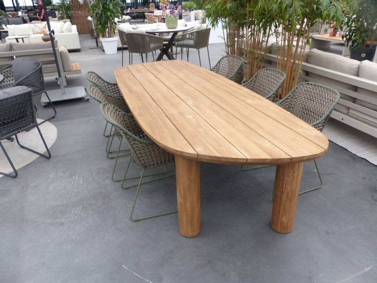 Set Tirrena tafel 300x112x76 cm teak en 6 Alessio stoelen groen incl. kussen - Max luuk