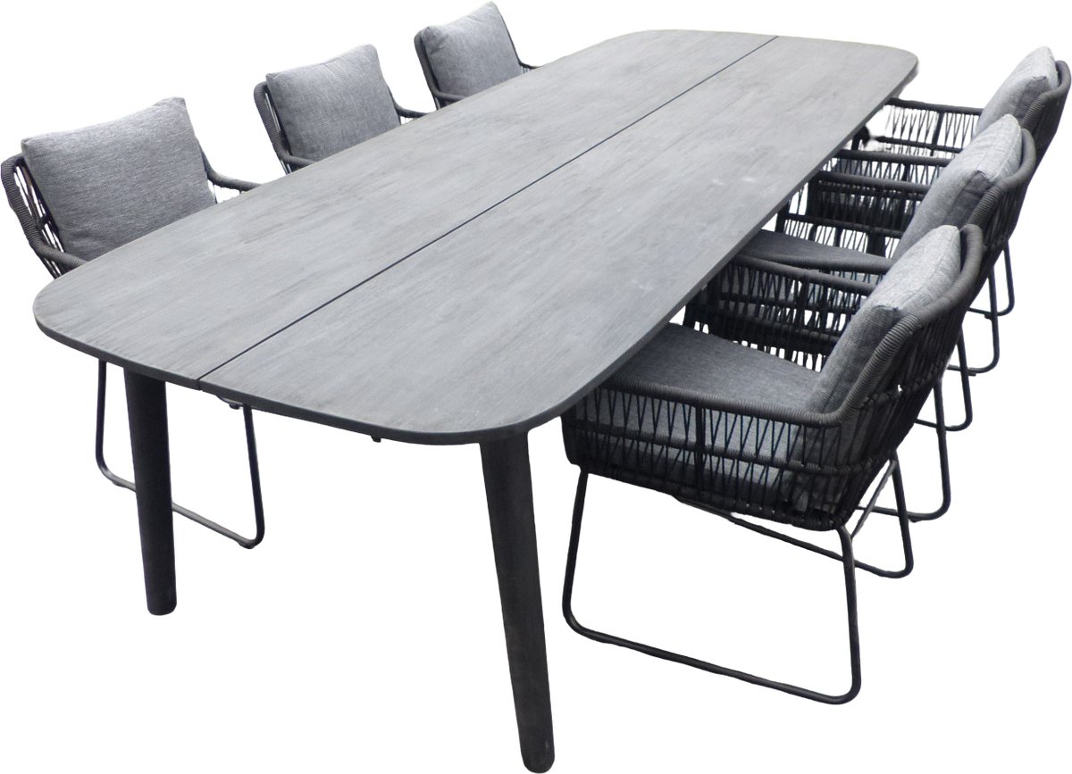 Set van Lennon tafel 280x110x76 cm charcoal en 6 Ran stoelen panther incl. kussens - Yoi
