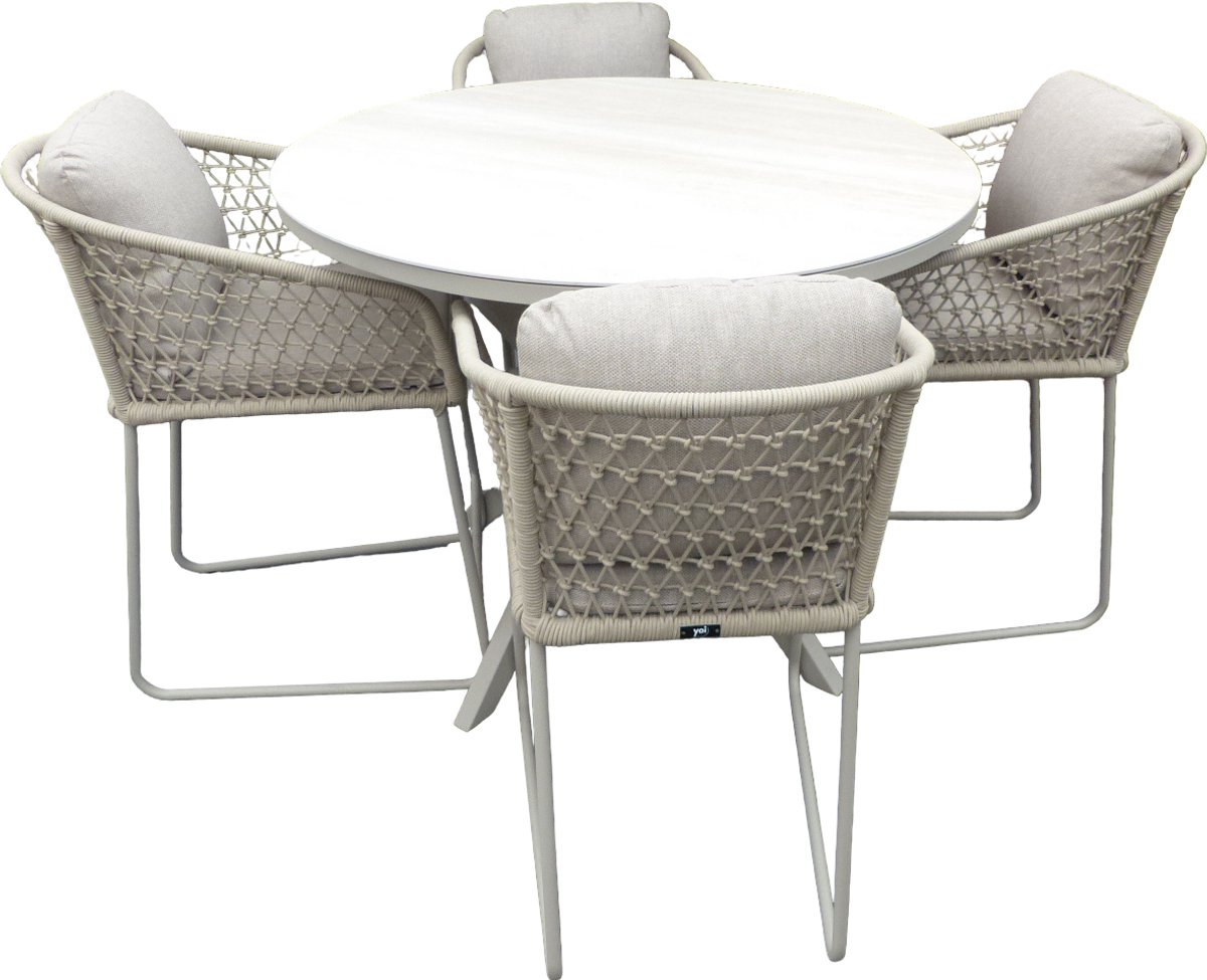 Set van Calma high dining tafel dia. 120 cm alu salix/travertin en 4 Bara high dining chairs alu salix/rope salix/flax beige AW incl. kussens - Yoi