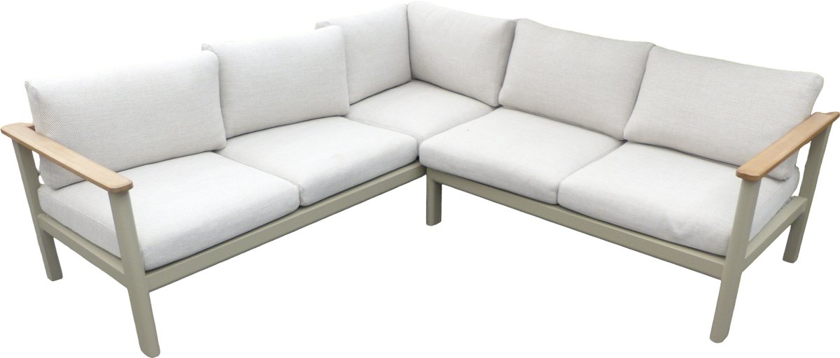 Flint cornerset natural taupe/acacia light teak look incl. ivory olefin kussens - Eurofleur aanbieding