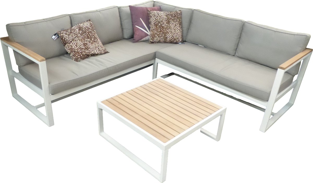 Auckland cornerset oyster/acacia light teak look incl. royal taupe kussens - Eurofleur aanbieding