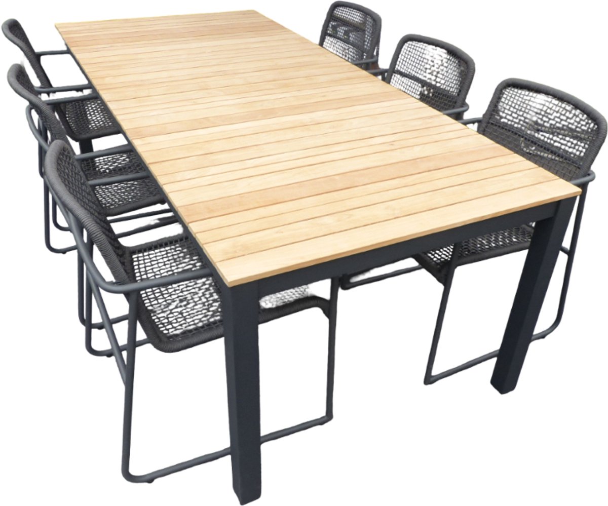 Set van Arashi tafel 220x100x76 cm grijs/teak en 6 Mira stoelen lava - Yoi