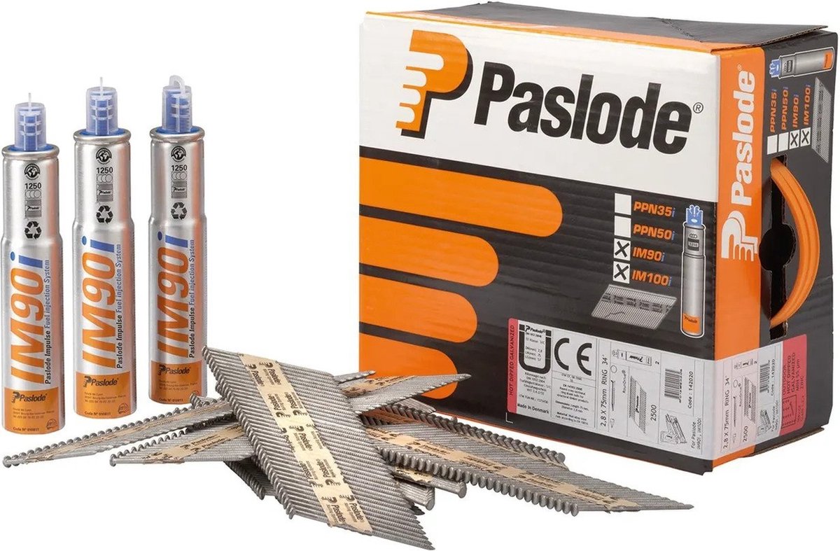 Paslode 34° Papier Gebonden Stripnagels IM90 | Blank | Ring | 2.8x51mm | +3x Gas VE=3750 - 142005