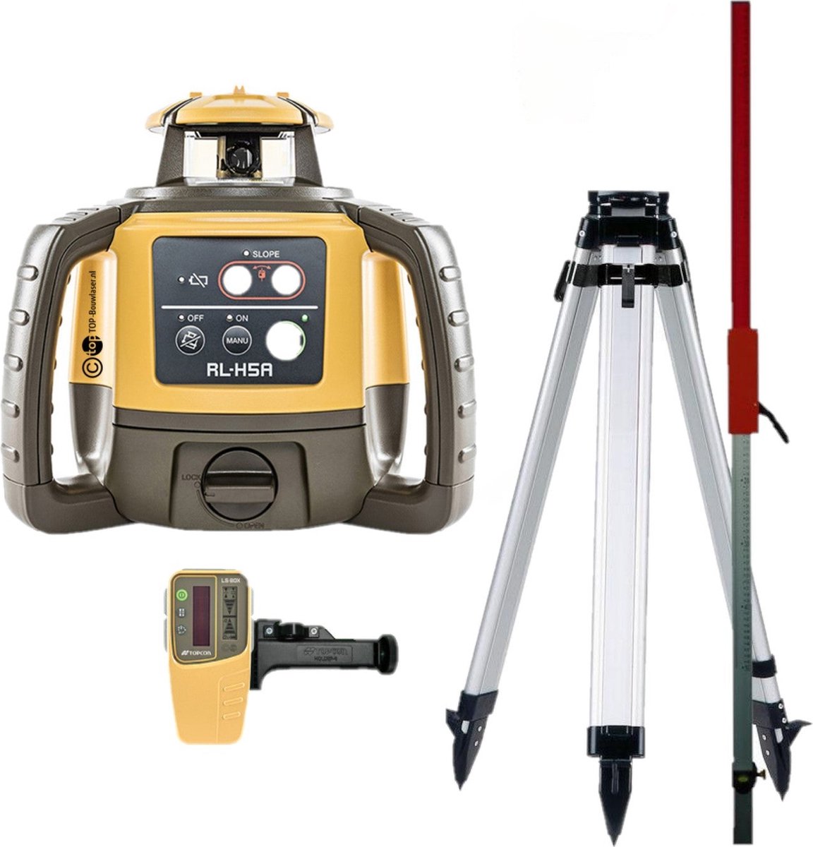 Topcon RL-H5A Roterende Laser Rood incl. Laserontvanger + Laserbaak + Tripod in Koffer