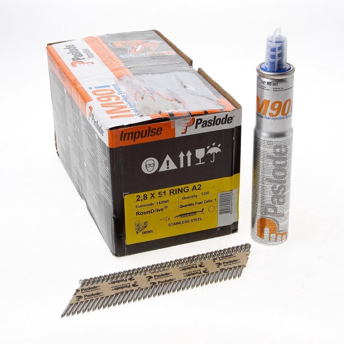 Paslode 34° Papier Gebonden Stripnagels IM90 | RVS A2 | Ring | 2.8x51mm | +1x Gas VE=1250 - 142045