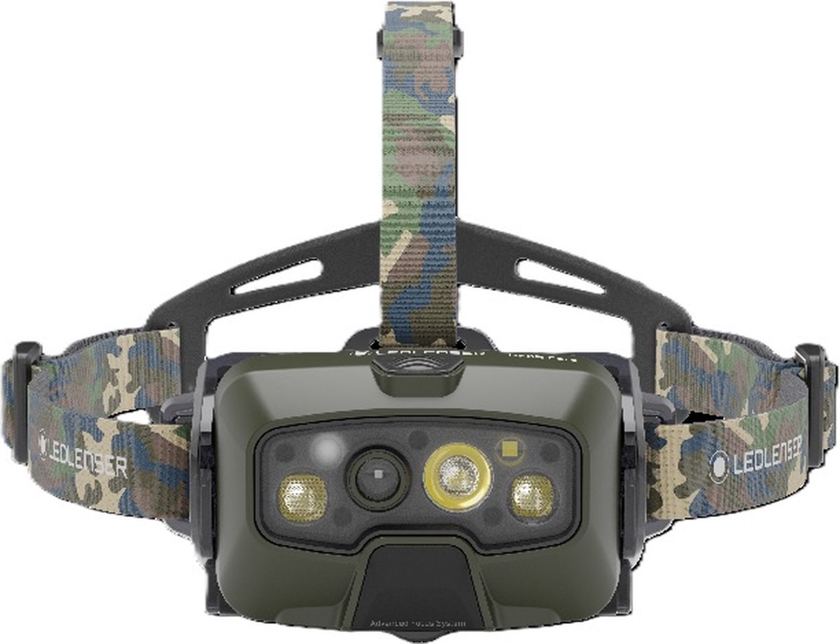 HF8R Core RGB visserij hoofd zaklamp oplaadbaar, camouflage, 1600lm, 8 modi incl. rood, groen, blauw LED-licht, tot 90 uur looptijd, verstelbare focus, waterdicht, essentile