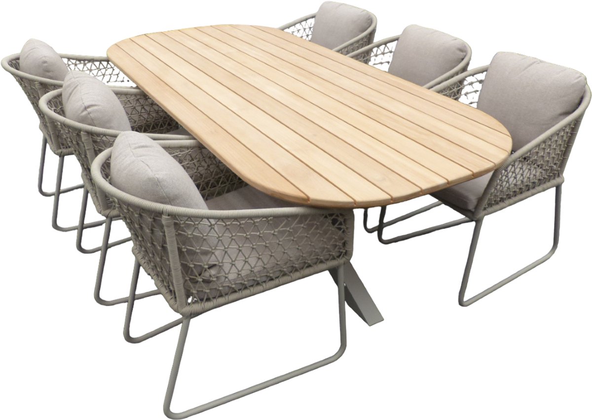 Set Noas dining tafel 220x100x76 cm oval alu salix/teak en 6 Bara dining chairs alu salix/rope salix/flax beige AW - Yoi