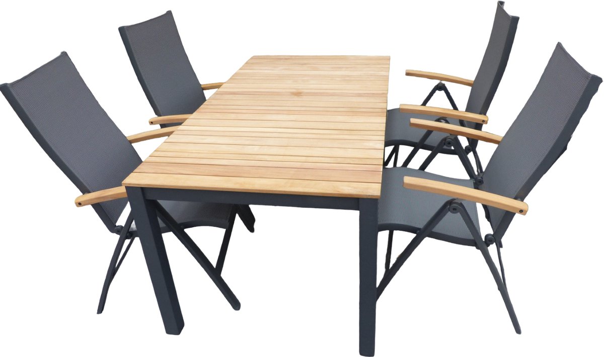 Set van Arashi tafel 169x90 cm grijs/teak en 4 Lucca stoelen antraciet/teak - Suns